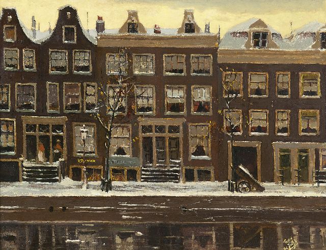 Jongh M.J. de | Canal houses in Amsterdam in winter, oil on board 43.9 x 57.4 cm, signed l.r.