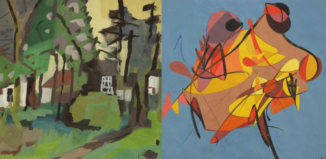 Jan van der Zee | A yard with trees; verso: Composition, watercolour and gouache on paper, 56.0 x 56.0 cm, signed l.r. recto and verso and painted in the 1950's, verso ca. 1965-1968
