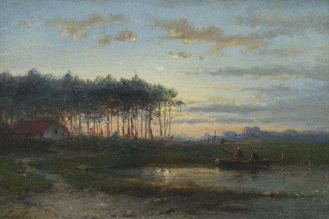 Lieste C.  | Evening landscape with fishermen in a boat, oil on panel 13.1 x 18.7 cm, signed l.l.