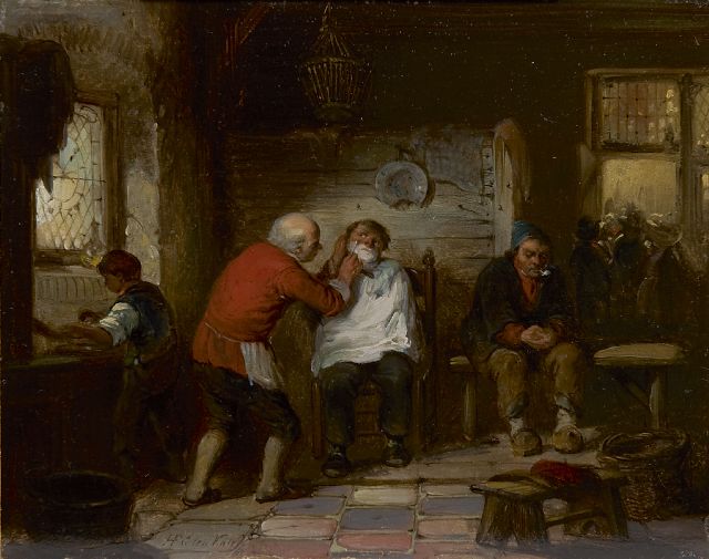 Herman ten Kate | At the barbershop, oil on panel, 16.8 x 21.1 cm, signed l.l.