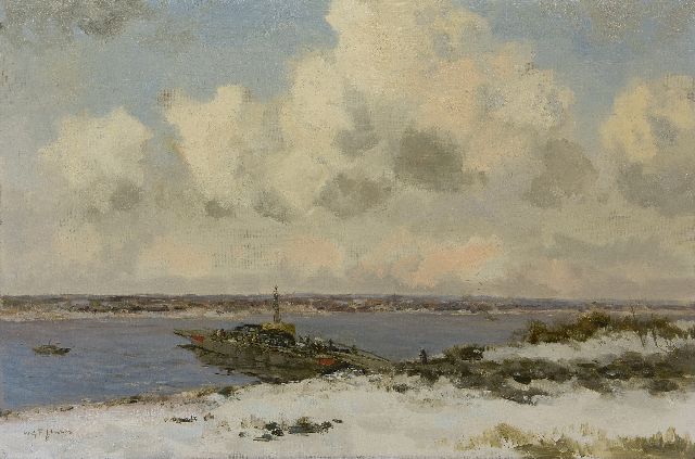 Jansen W.G.F.  | Ferry in winterlandscape, oil on canvas 60.5 x 90.5 cm, signed l.l.