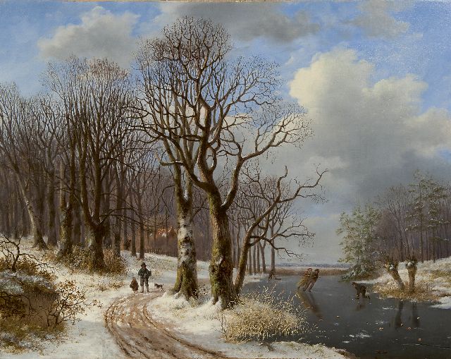 Mirani E.B.G.P.  | A winter landscape with skaters and countryfolk, oil on canvas 55.7 x 72.5 cm