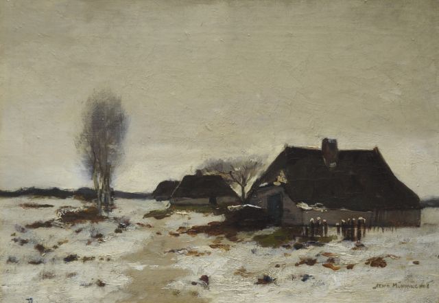 Münninghoff X.A.F.L.  | Farmhouses in a snowy landscape, oil on canvas 25.6 x 36.3 cm, signed l.r.