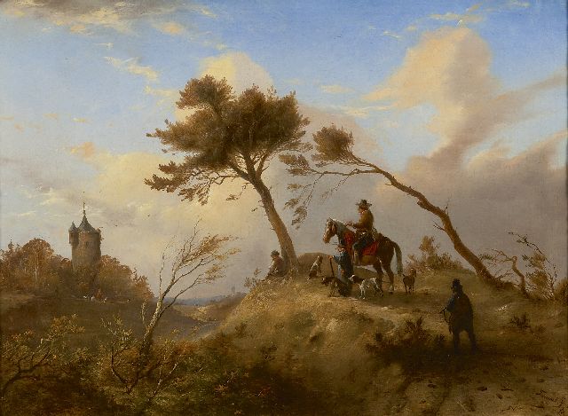 Tavenraat J.  | Hunting party in a hilly landscape, oil on canvas 42.5 x 57.5 cm, signed l.r. and dated 1845