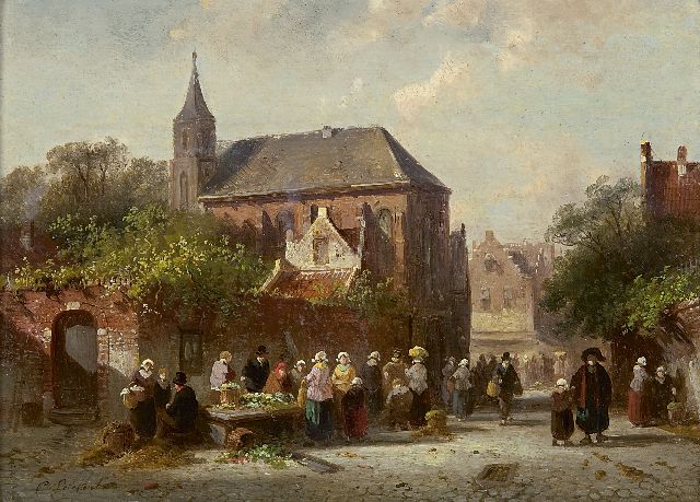 Charles Leickert | Market day near a church on a sunny day, oil on panel, 16.9 x 23.2 cm, signed l.l.