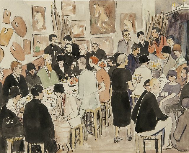 Leese G.  | Le Fauconnier, party at the Académie de la Palette, watercolour on paper 25.0 x 29.9 cm