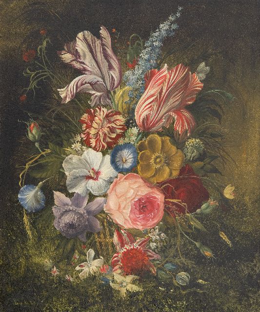 Hollandse School, 19e eeuw | Still life with flowers, oil on copper, 35.7 x 29.9 cm, signed l.l. (unreadable)