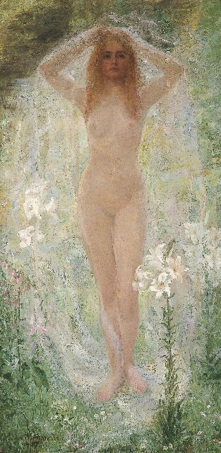 Louise Alice Andrine van Blommestein | A standing nude surrounded by white lilies, oil on canvas, 160.7 x 80.3 cm, signed l.l. and dated 1907