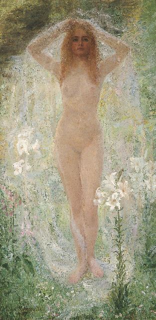 Blommestein L.A.A. van | A standing nude surrounded by white lilies, oil on canvas 160.7 x 80.3 cm, signed l.l. and dated 1907