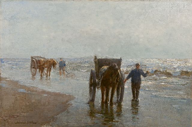 German Grobe | Catching shrimps, Katwijk, oil on canvas, 50.4 x 74.4 cm, signed l.l.