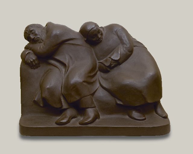 Barlach E.  | Sleepings vagabonds (Sleeping farmer and his wife), Böttger-stoneware 29.8 x 41.0 cm, signed with signature stamp on the side and executed 1956