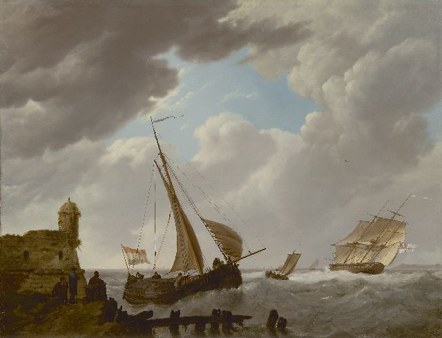 Koekkoek J.H.  | Sailing ships off the coast of Zeeland, oil on panel 36.0 x 47.0 cm, signed l.c.