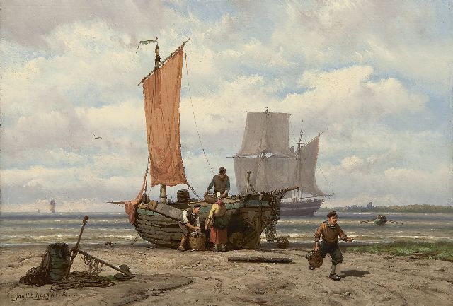 Koekkoek J.H.B.  | Unloading the catch, oil on panel 23.5 x 34.3 cm, signed l.l.