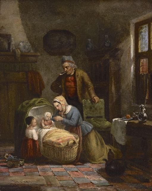 David van der Kellen III | Interior with fisher family, oil on panel, 32.0 x 26.1 cm, signed l.l. with monogram and dated '49