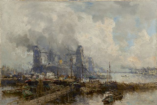 Johan Hendrik van Mastenbroek | Lighters in the Maashaven, Rotterdam, oil on canvas, 47.4 x 71.2 cm, signed l.r. and dated 1930