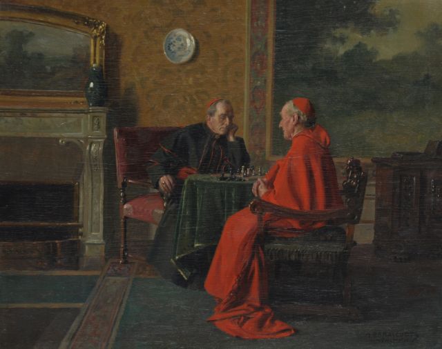 Max Barascudts | Chess playing cardinals, oil on panel, 40.0 x 50.0 cm, signed l.r.