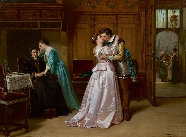 Hendrik Jacobus Scholten | The good-bye kiss, oil on panel, 40.3 x 54.1 cm, signed l.r.