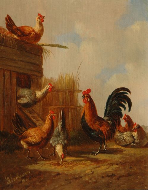 Albertus Verhoesen | A rooster with his chickens (pendant), oil on panel, 12.8 x 10.5 cm, signed l.l. and dated 1861