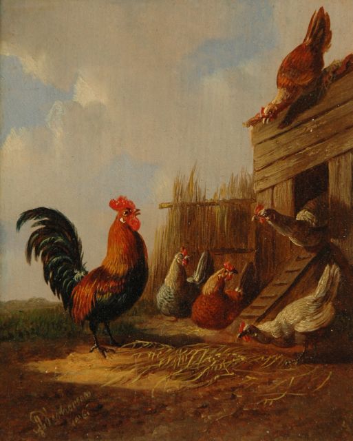 Albertus Verhoesen | The rooster with his hens (pair), oil on panel, 12.7 x 10.5 cm, signed l.l. and dated 1861