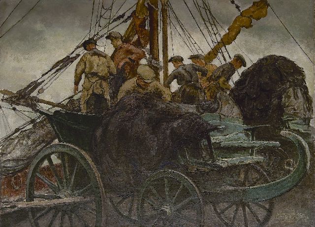 Cees Bolding | Loading the nets in the harbour of Scheveningen, oil on canvas, 73.8 x 101.7 cm, signed l.r. and on a lable on the stretcher and dated 1938