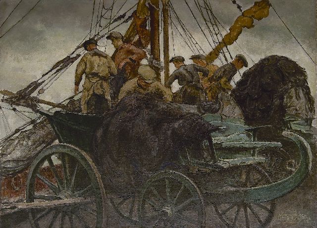 Bolding C.  | Loading the nets in the harbour of Scheveningen, oil on canvas 73.8 x 101.7 cm, signed l.r. and on a lable on the stretcher and dated 1938