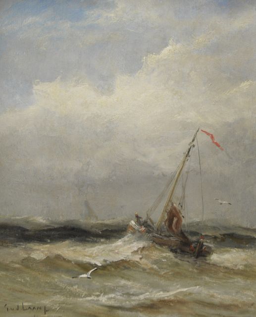 Laan G. van der | Ship at shore, oil on painter's board 19.5 x 16.0 cm, signed l.l. and reverse