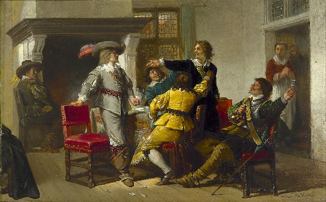 Kate H.F.C. ten | A quarrel at the card table, oil on panel 17.1 x 26.8 cm, signed l.r.