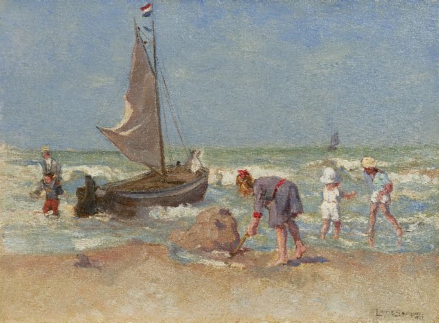 Louis Soonius | At the beach, oil on canvas laid down on board, 26.6 x 35.9 cm, signed l.r. and dated 1918