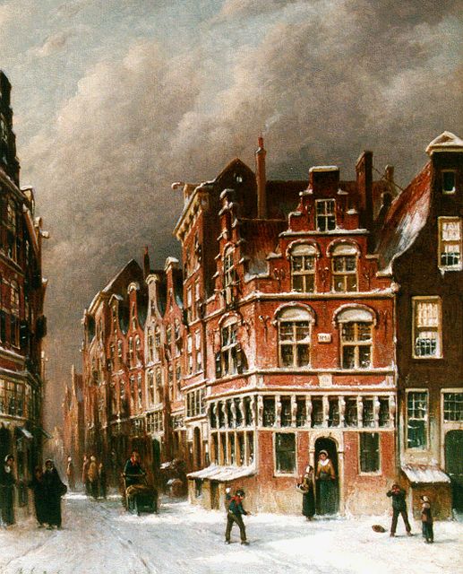 Petrus Gerardus Vertin | Figures in a street in winter, oil on canvas, 45.0 x 36.7 cm, signed l.l. and dated '83