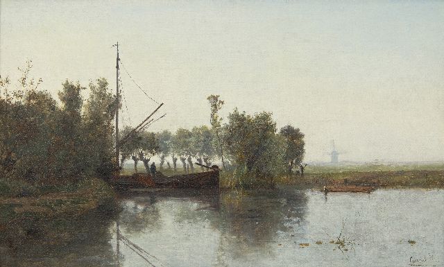 Gabriel P.J.C.  | A peat cutter with his barge in a polder landschape, oil on canvas 28.6 x 46.5 cm, signed l.r.