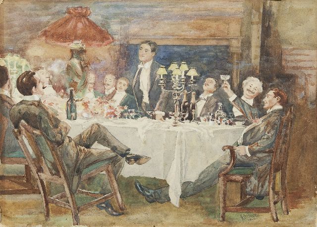 Beattie J.F.  | The bachelor dinner, watercolour on paper 25.3 x 35.5 cm, signed l.r. and dated 1900