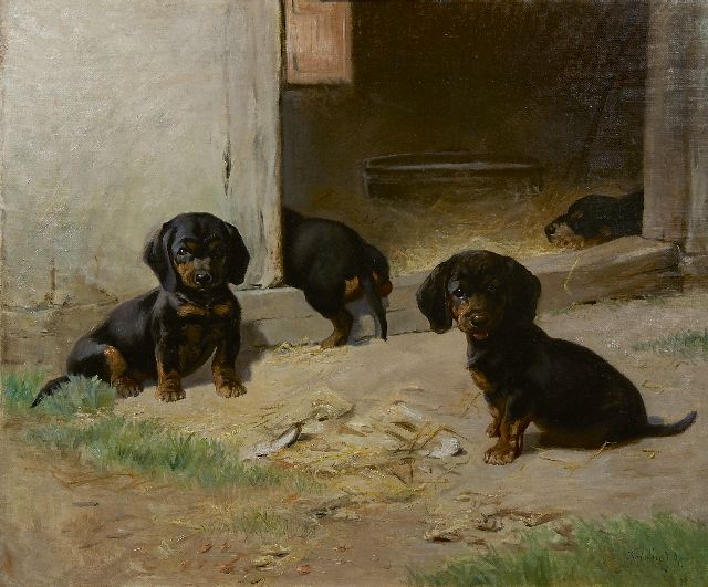 Fridolin Johansen | Young dachshunds around a barn, oil on canvas, 52.3 x 63.0 cm, signed l.r. and dated '91