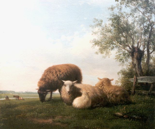 Sande Bakhuyzen H. van de | Sheep near a fence, oil on panel 17.5 x 20.5 cm, signed l.r. on the fence and dated 1825