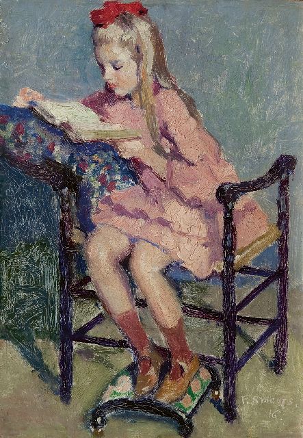 Frans Smeers | Girl reading, oil on panel, 23.9 x 16.7 cm, signed l.r. and dated '16