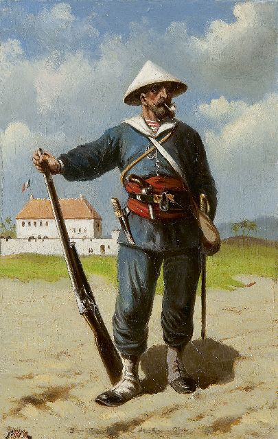 Koekkoek H.W.  | French marine on guard in Indo-China, oil on panel 24.9 x 16.2 cm, signed l.l. with initials