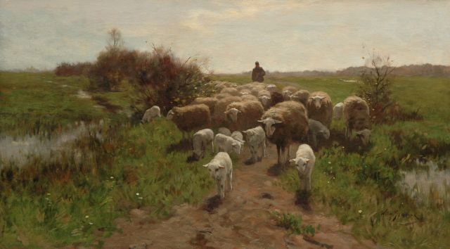 Willem Steelink jr. | Shepherd with his flock, oil on canvas, 56.7 x 100.4 cm, signed l.r.