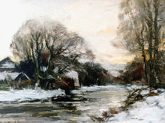 Louis Apol | Houses along a canal in winter, oil on panel, 21.0 x 27.1 cm, signed l.l.