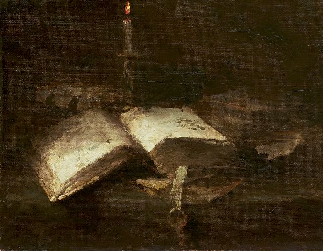 Margaretha Roosenboom | Still life with a bible, oil on canvas, 18.8 x 24.0 cm, signed l.l. with initials and executed in 1891