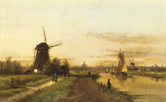 Lodewijk Johannes Kleijn | A view of the river De Vliet with The Hague in the distance, oil on panel, 32.3 x 51.1 cm, signed l.l.