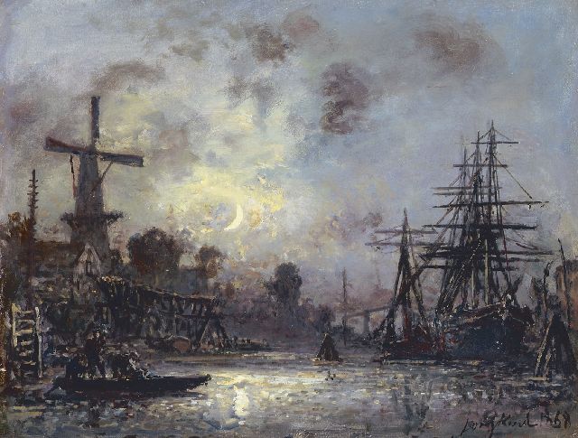 Jongkind J.B.  | Clair de Lune, Old Delfshaven, oil on canvas laid down on panel 33.1 x 43.0 cm, signed l.r. and dated 1868