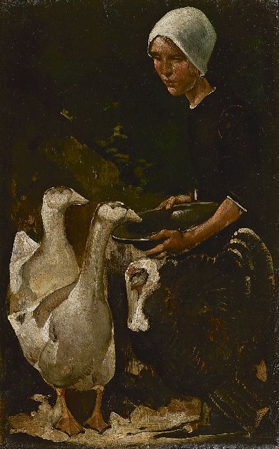 Berg W.H. van den | The Goose girl, oil on panel 28.3 x 17.7 cm