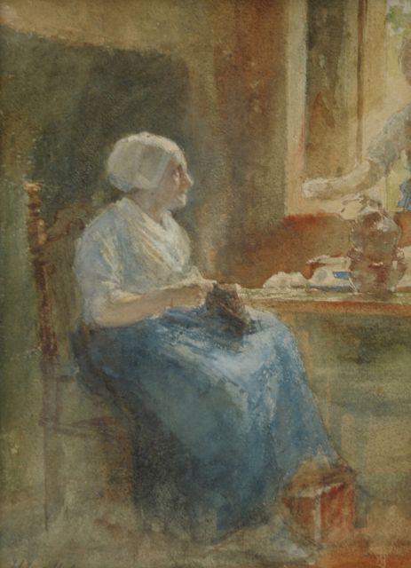 Mélis H.J.  | Women kniting, watercolour on paper 32.0 x 23.0 cm, gesigneerd linksonder