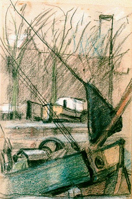 Herman Kruyder | Moored boats, Het Spaarne, mixed media on paper, 20.5 x 13.5 cm, signed l.c.