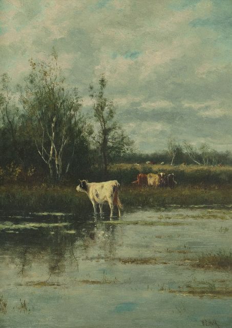 Willem Frederik Hulk | Cows along the water, oil on canvas, 30.6 x 23.0 cm, signed l.r.