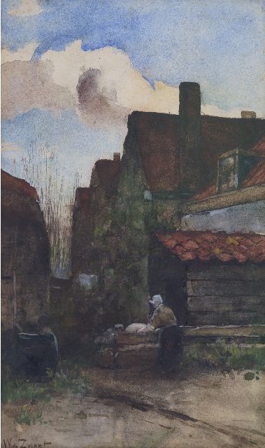 Zwart W.H.P.J. de | Feeding the pig, watercolour on paper 36.3 x 21.6 cm, signed l.l.