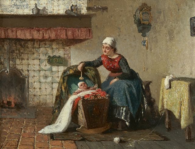 Kool S.C.  | Mother and child near a fireplace, oil on panel 26.6 x 35.0 cm, signed l.l. and dated 1881