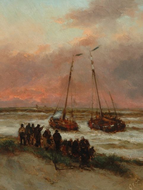 Kiers G.L.  | The fishing fleet setting out for sea, oil on painter's board 22.7 x 17.5 cm, signed l.r. with initials and reverse