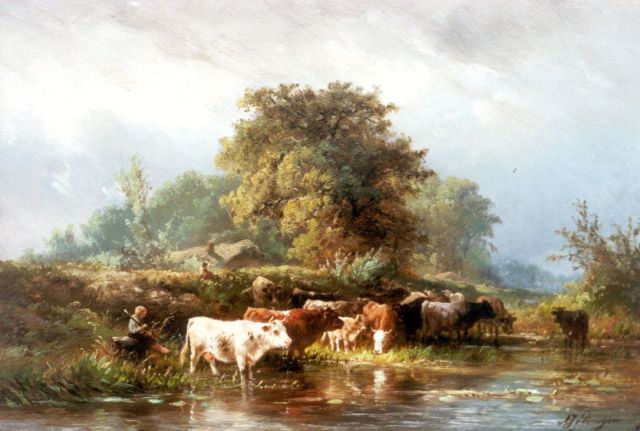 Albert Jurardus van Prooijen | Landscape with cattle, oil on panel, 23.0 x 33.4 cm, signed l.r.