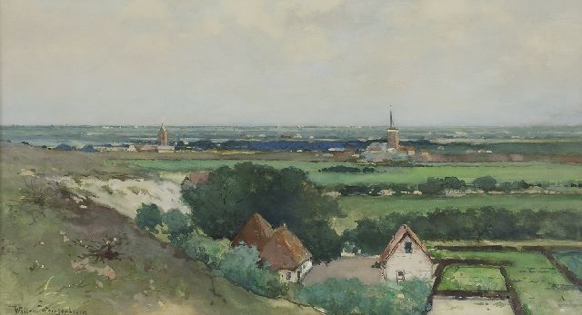 Weissenbruch W.J.  | Overlooking a village from the dune, watercolour on paper 29.7 x 53.7 cm, signed l.l.