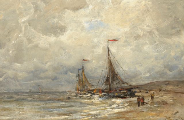 Jan Hillebrand Wijsmuller | Sailing boats at the beach of Egmond aan Zee, oil on canvas, 32.1 x 48.2 cm, signed l.r.